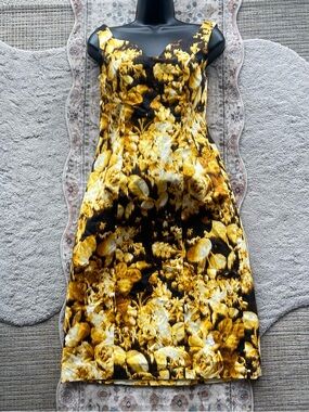 Carolina Herrera Yellow and Black Floral Midi Dress